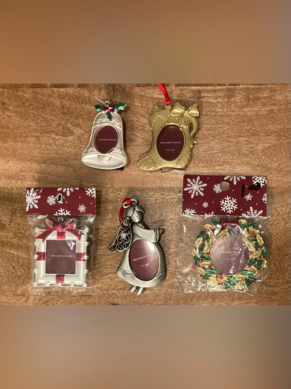 Set of 5 Ornate Metal Christmas Ornament Picture Frames